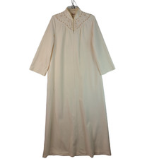 VTG Vanity Fair Womens Beige Velour Embroidered Floral Robe Front Zip Size 12