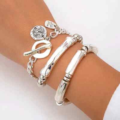 3 tlg Armbänder Set Silber Statement Vintage Stil Dicke Knebel Perlen Kette