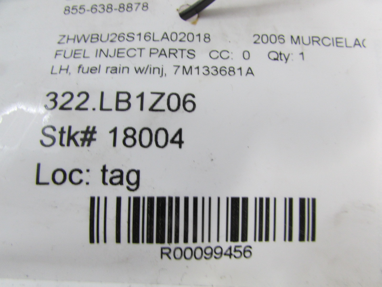 Lamborghini Murcielago, LH, Left Fuel Rail w/ Injectors, Used, P/N 7M133681A