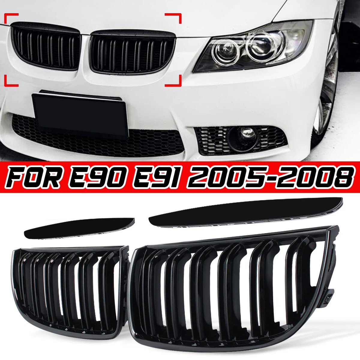 Grilles avant noir brillant BMW Série 3 E90 E91 2005-2008 calandre double bande ABS