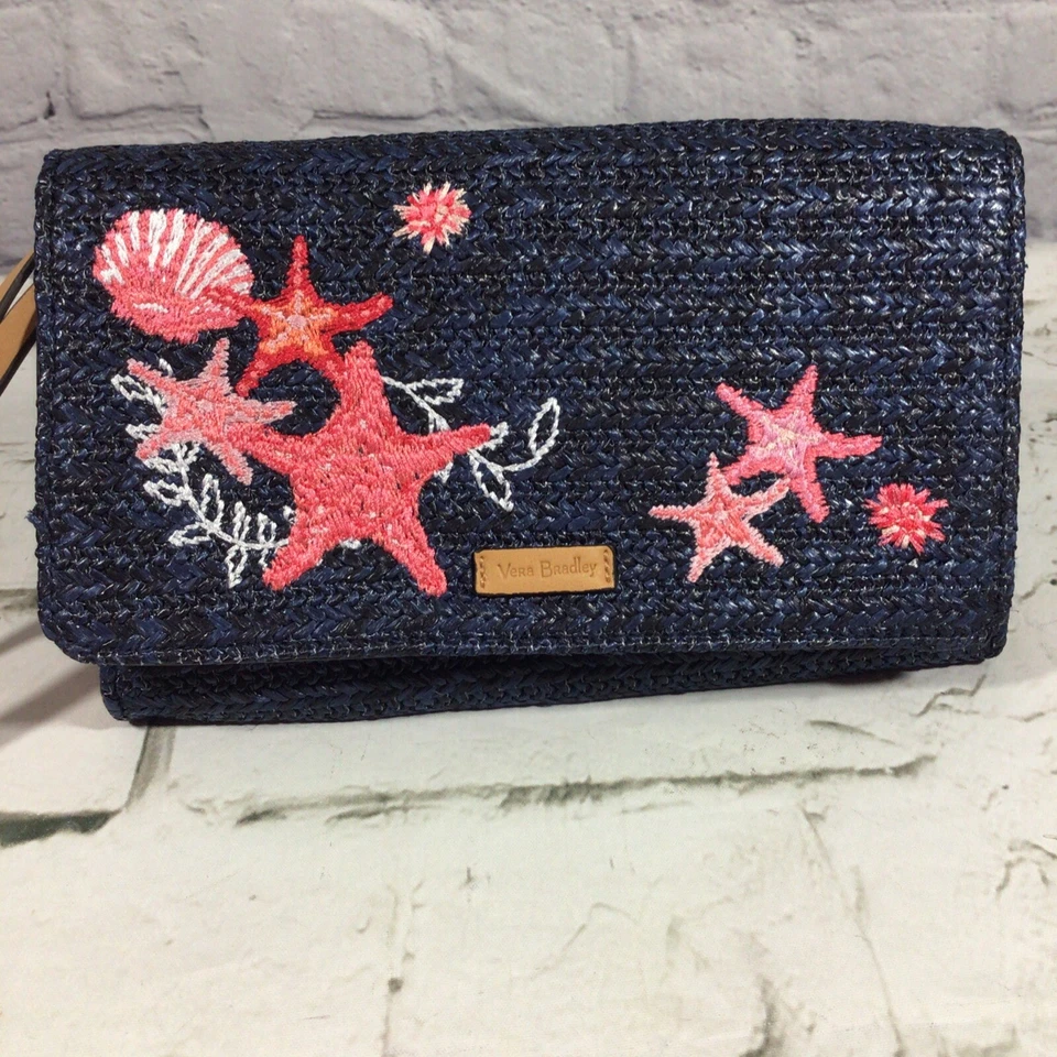 Bolso sin asas de muñeca de paja Vera Bradley azul marino rosa estrella pez tropical bordado Foto 2 de 4