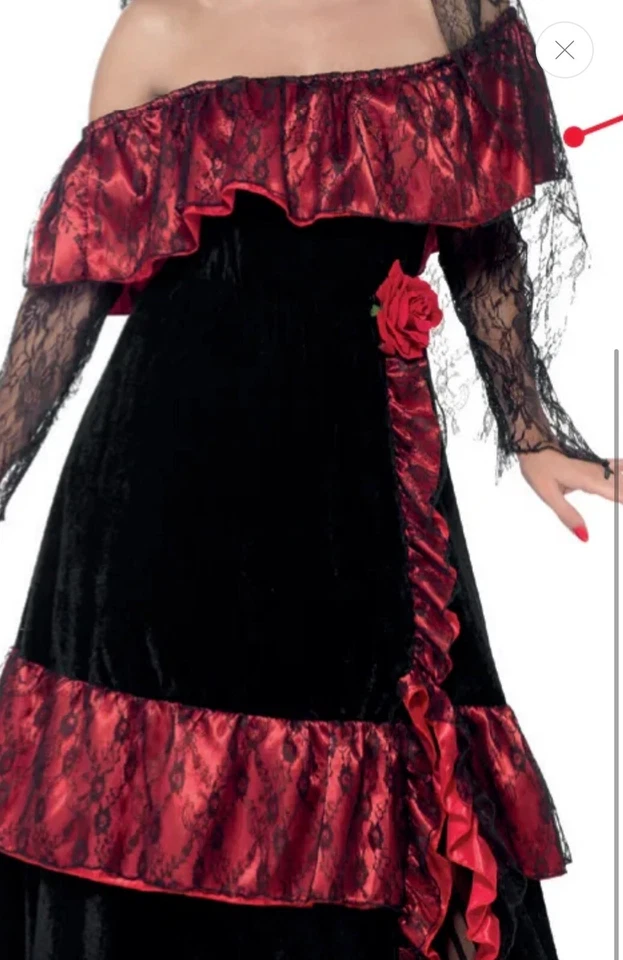 Bride Of Dracula Dress Smiffeys Spanish Style XL Red Satin Velvet Black Lace Arm - Image 4 of 4