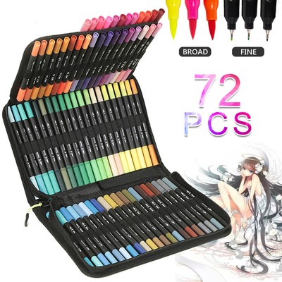 2025 Dual Brush Marker Pens 72 Colors Set Coloring Drawing Kit Fine & Brush Tip