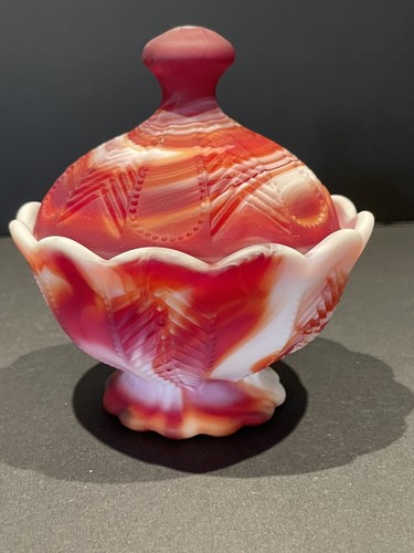 Imperial Glass Ruby Slag Satin Scallop Edge Herringbone Feather Candy Dish Red