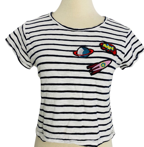 Dotti Top T Shirt 100% Cotton Black White Stripe Crop Badges Size XS 