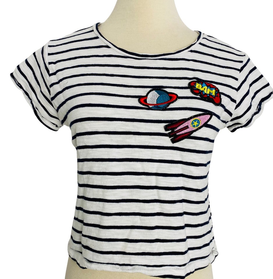 Dotti Top T Shirt 100% Cotton Black White Stripe Crop Badges Size XS 