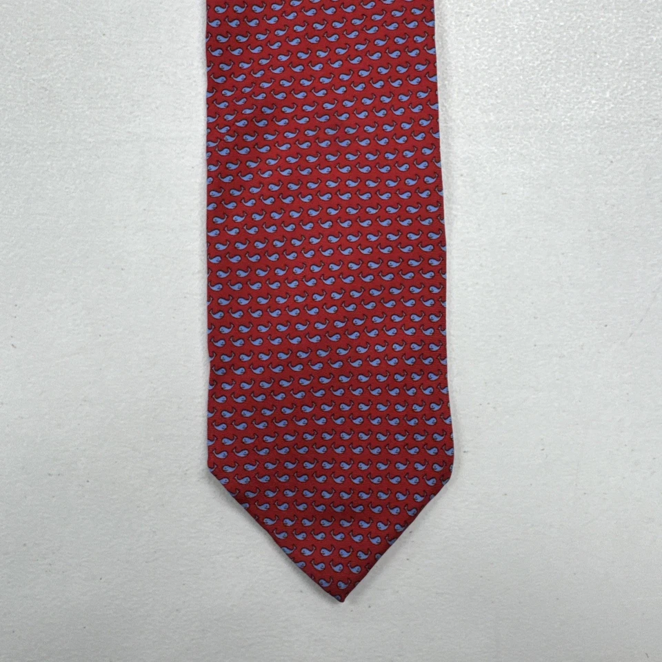 Gravata masculina Brooks Brothers EUA padrão baleia vermelha e azul 100% seda pescoço - Imagem 2 de 4