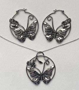 Sterling Silver Butterfly Hoop Earrings & Pendant Necklace 18” Set Signed 925 DL