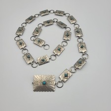 Vintage Southwest Silver Tone Stamped Concho Belt Faux Turquoise Details 31"
