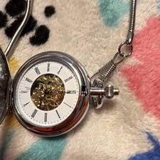 Silver Tone Full Hunter Skeleton Pocket Watch Roman Numerals Chain