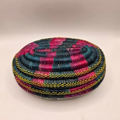 Handwoven Coiled Grass Muday Basket Ethiopian Pink Green Yellow Boho Lidded Box