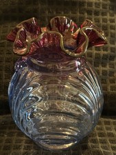 Vintage Fenton Glass Mulberry Caprice Blue Drape Bowtie Bow Vase Ruffled Edge