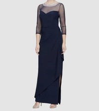 Alex Evenings Women's Navy Embellished-Neck Side-Ruched Illusion Dress Sz 12