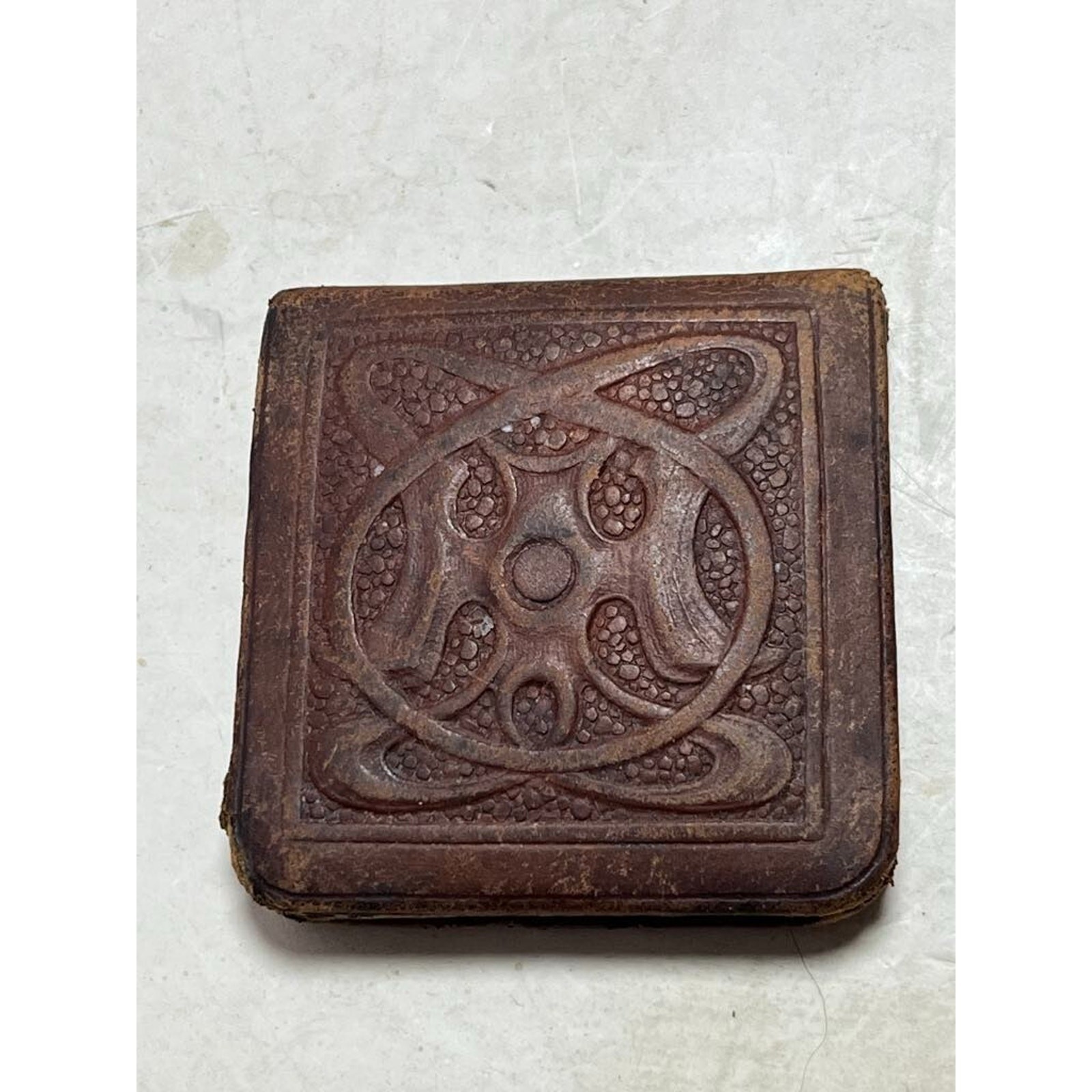 Antique Arts and Crafts Leather Advertising Pocket Mirror