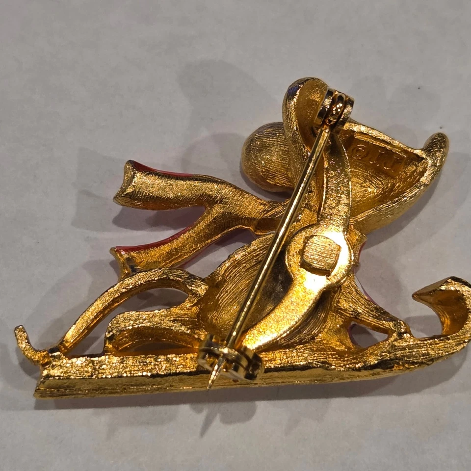 Ratón en trineo vintage tono dorado con suéter/bufanda esmalte broche/alfiler Navidad Foto 2 de 3