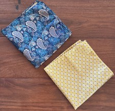 Lot Of 2 Pocket Square Handkerchief Hanky Silk Blue Yellow Hand Made Rolled 12"