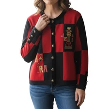 Bode Vintage Wool Blend Button Front Cardigan Red Black Checker Chess Sweater L