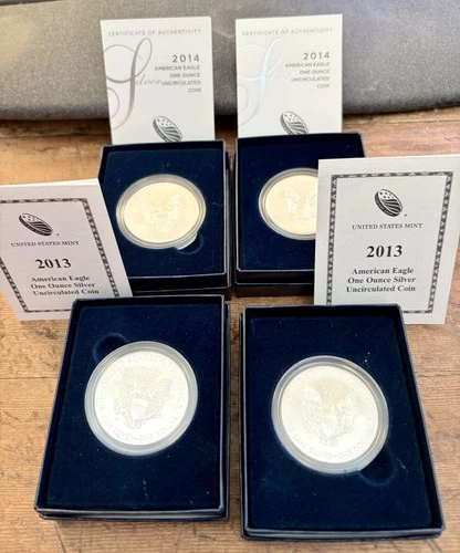 2013 & 2014 (4) Coin Lot - Silver American Eagle $1 - Brilliant Uncirculated OGP