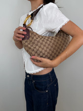Gucci Canvas Shoulder Bag with Gold Bamboo Ri...