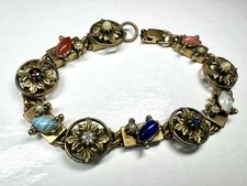 VTG Gold Tone Victorian Revival Multi-Colored Stone Panel Link Bracelet 7”