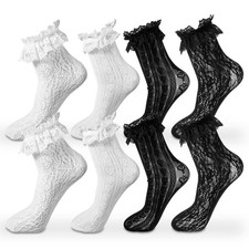4 Pairs lace ruffle socks Lace Socks for Women Ankle Ruffle,White Black Mesh
