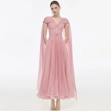 Pink Chiffon Evening Dress V-Neck Cap Sleeve Homecoming Dress Simple Zipper Back