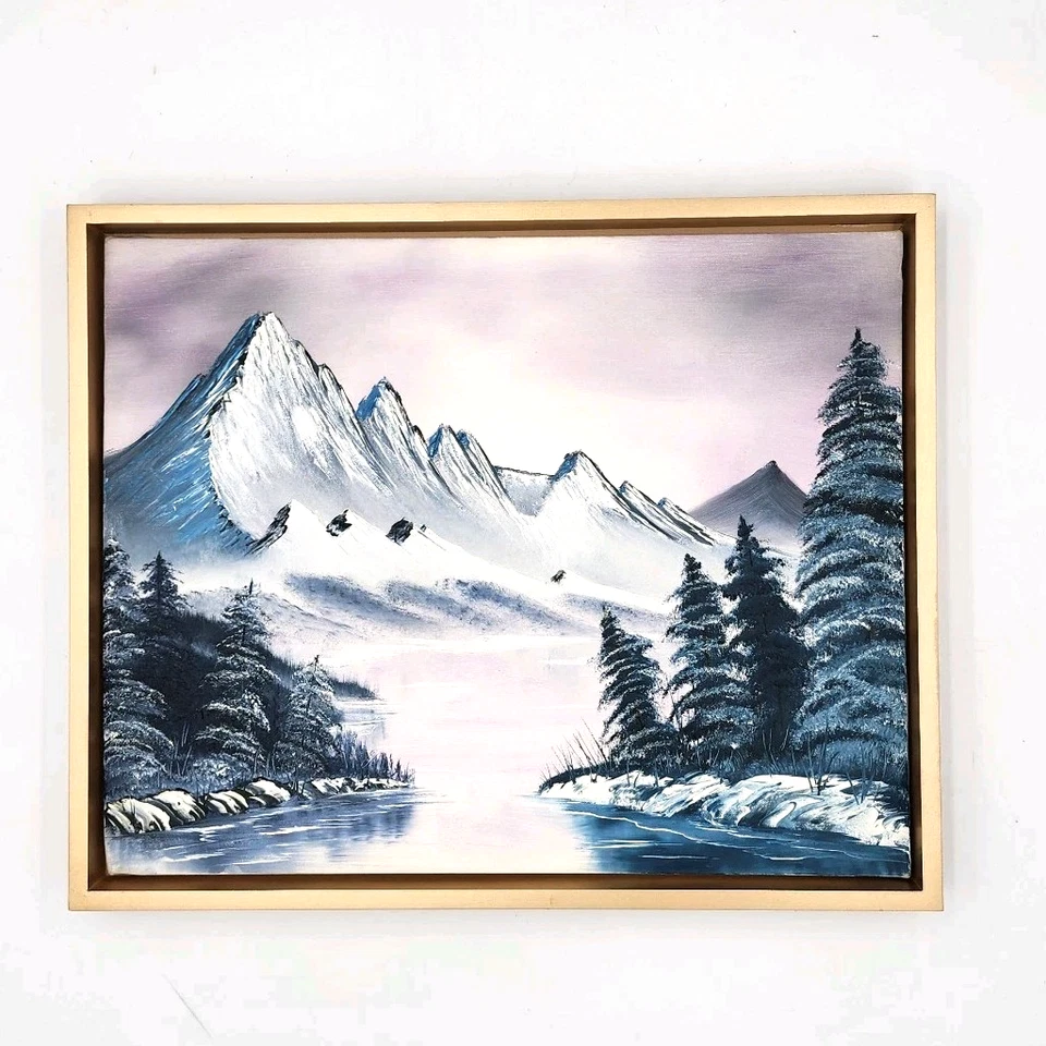 Original Oil Painting Winter Mountain Forest Landscape Bob Ross Style Framed Art - Image 4 of 4
