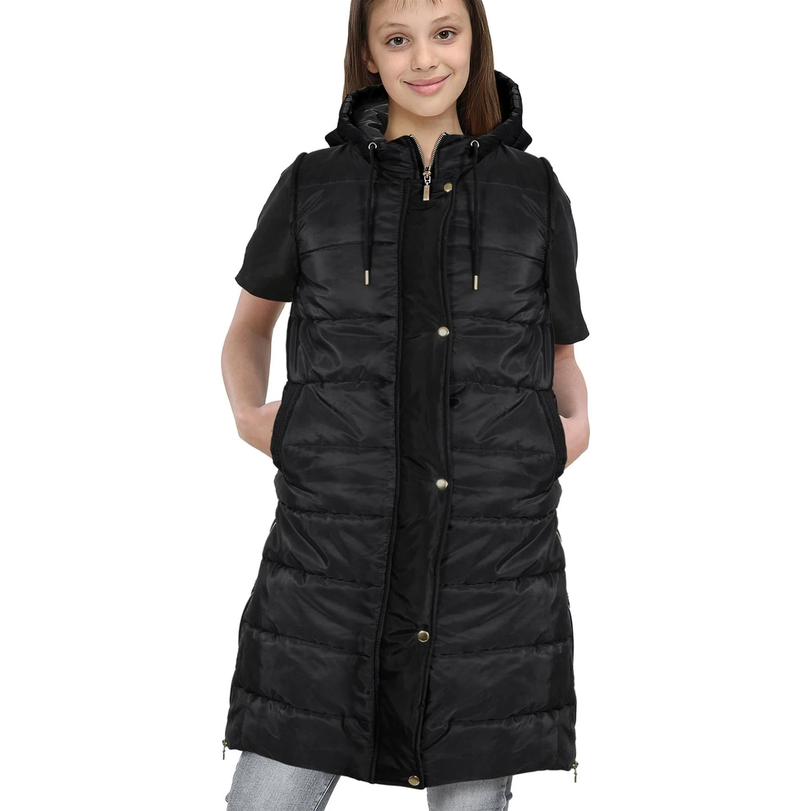 Kids Girls Oversized Black Gilet Long Line Style Jacket Long Sleeveless Coat
