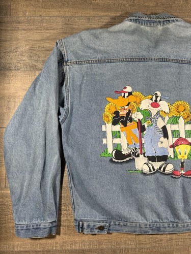 1990's Vintage Looney Tunes Painted Embroidered Farmer Patch Denim Jacket Sz L - Picture 8 of 24