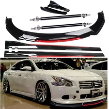 Front Bumper Lip Splitter + Side Skirt  For Nissan Maxima Glossy Black +Red