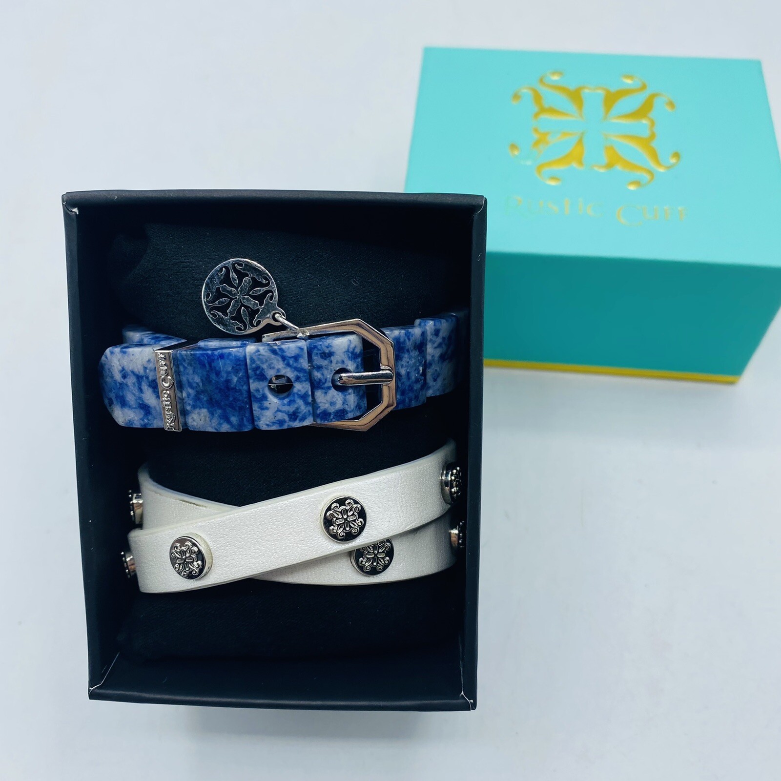 2 Rustic Cuff Bracelets Blue Marble Mini Charay &… - image 2