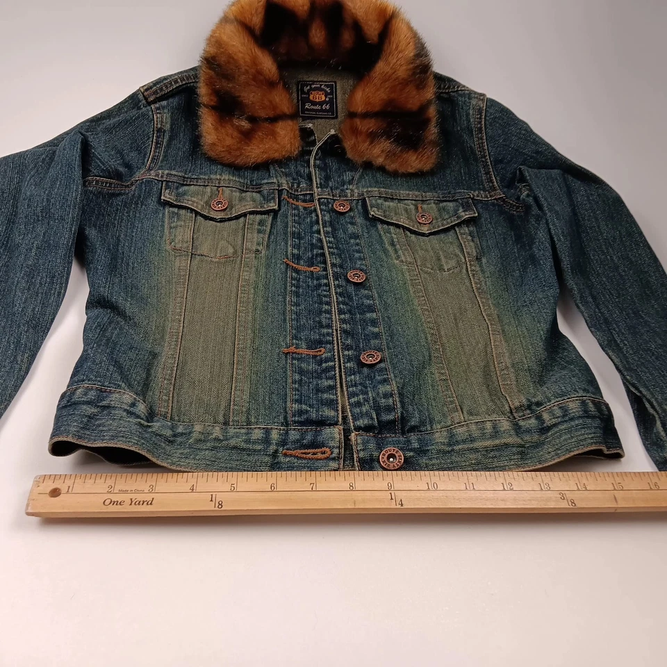 Chaqueta de mezclilla vintage Y2K Route 66 para mujer S azul cuello de piel extraíble algodón Foto 4 de 4