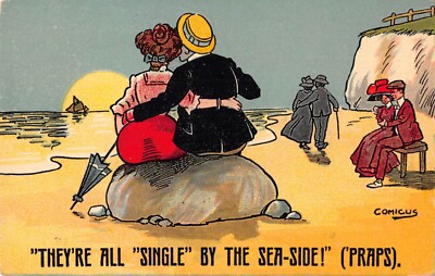 Lovers in the Moonlight by the Sea-Side - Old Comic Romance Postcard by Comicus