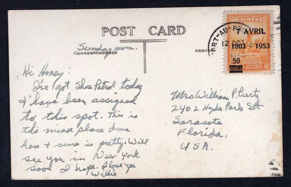 HAITI 1953 Surcharged Stamp on Real Photo Postcard to USA - Image 2 of 3