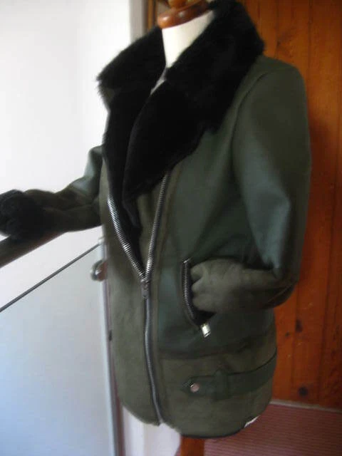 M&S FLYING JACKET COAT AVIATOR COLLECTION green faux suede  12 fur collar teddy - Image 4 of 4