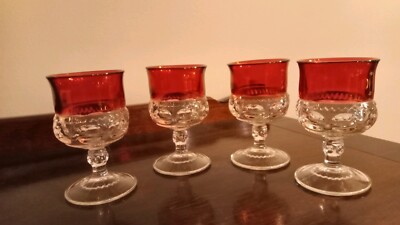 Indiana Glass Ruby Red Kings Crown Thumbprint Wine Goblets Glasses 4.5 tall