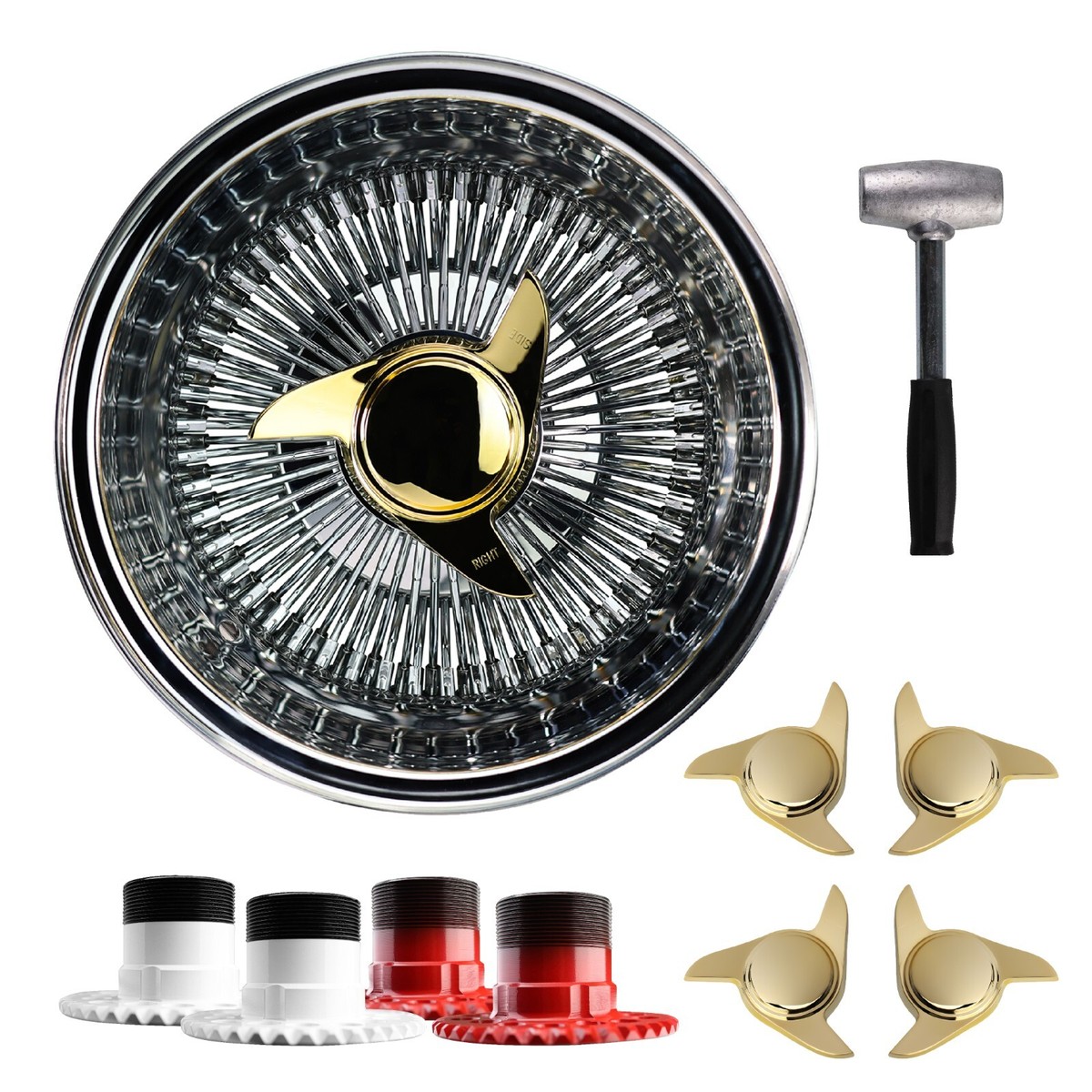14x7 Rev 100 Spoke Straight Lace Lowrider Wire Wheels, 3 Bar Gold