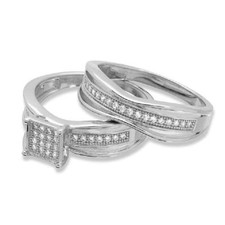 Sterling Silver 2-pcs Engagement / Wedding Square Design Pave CZ Stones Ring Set