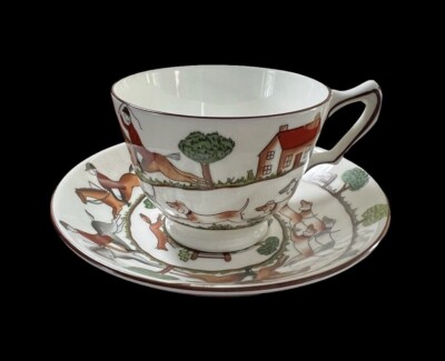 Crown Staffordshire Hunting Scene Cup & Saucer Horse Dog Tally Ho 3 3/8'' 
