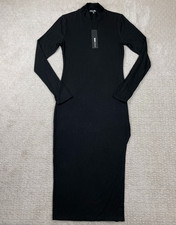 NWT Fashion Nova Dress Womens Medium Black Ashley Ribbed Midi Stretch Bodycon
