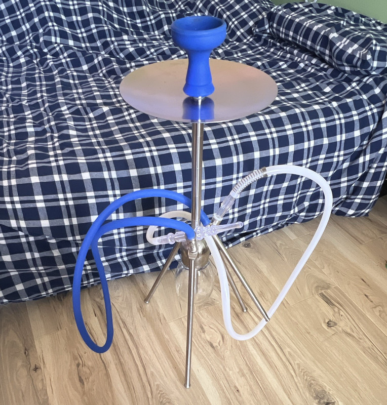 Blue/White Hookah Shisha Set w/ Glass Base, 2 Bowls, Tray, Stem & 2 Hoses & more