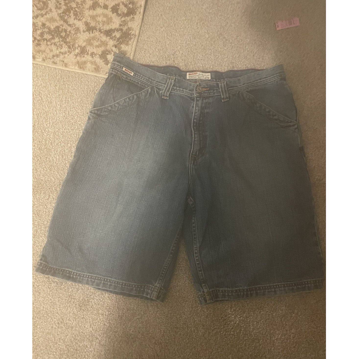 BKE67 Men's Blue Denim Cargo Shorts Engineered Fit Logo Acce