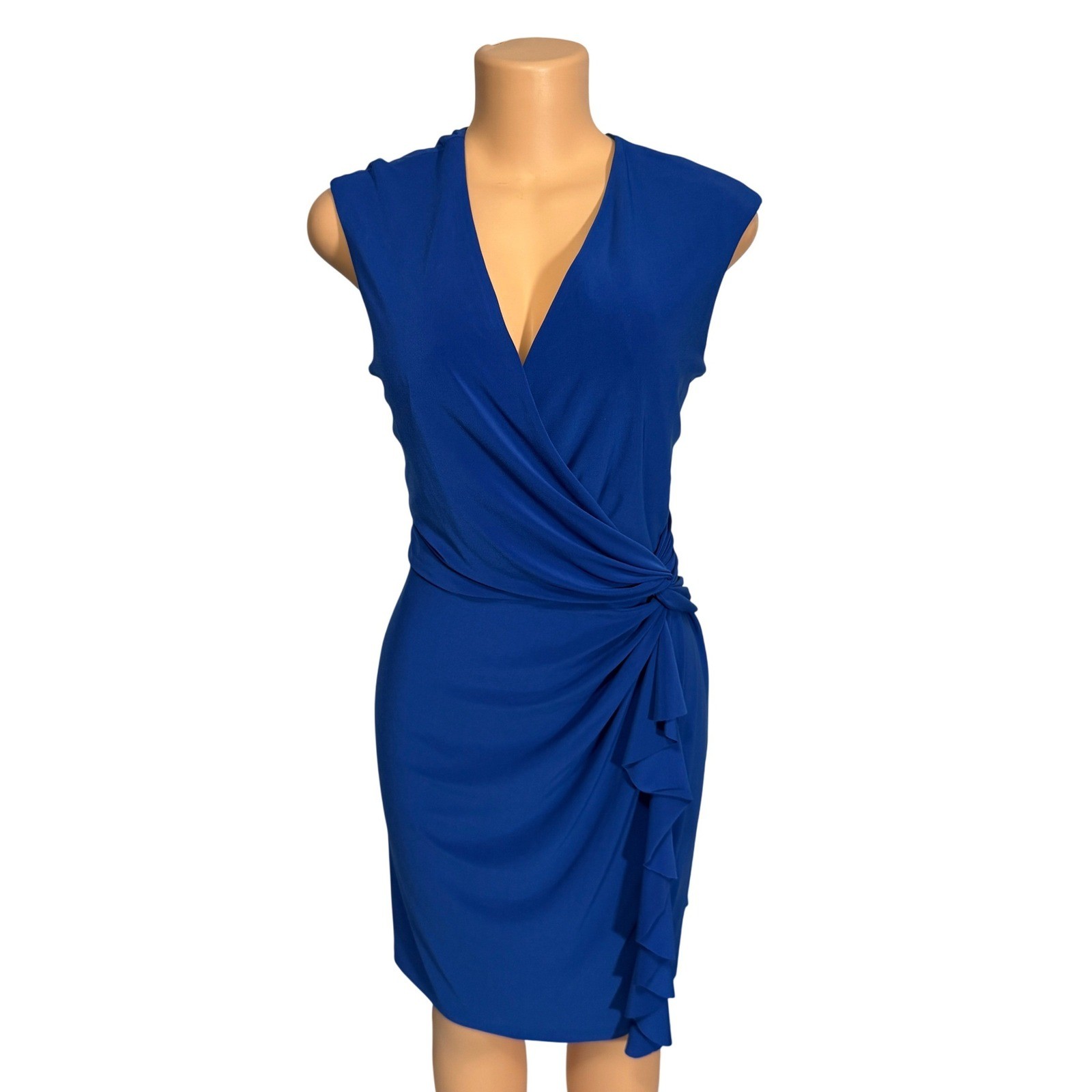 American Living Royal Blue Faux Wrap Ruffle Sheath Dress Womens 16 Sleeveless
