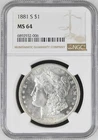 1881 S United States Morgan Silver Dollar NGC MS 64 Gleaming Bright Coin