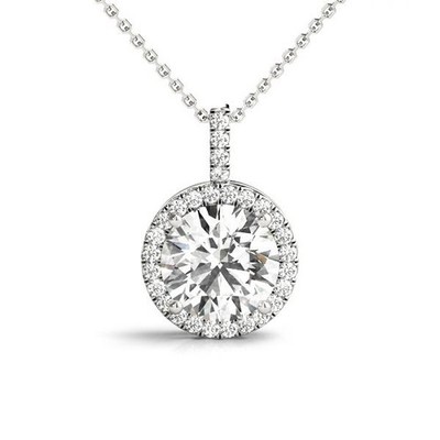 Round Halo Pendant For Women VS F 1.40 Ct Lab Grown Diamond 14K Gold Prong Set