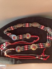 SW Native American Style Leather Silvertone Concho Belt. Faux Beads. 54    111