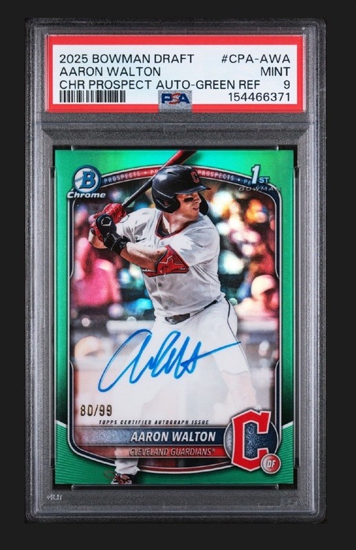 2025 Topps Chrome 1ST Bowman Refractor AARON WALTON On-Card Auto / 99 PSA 9