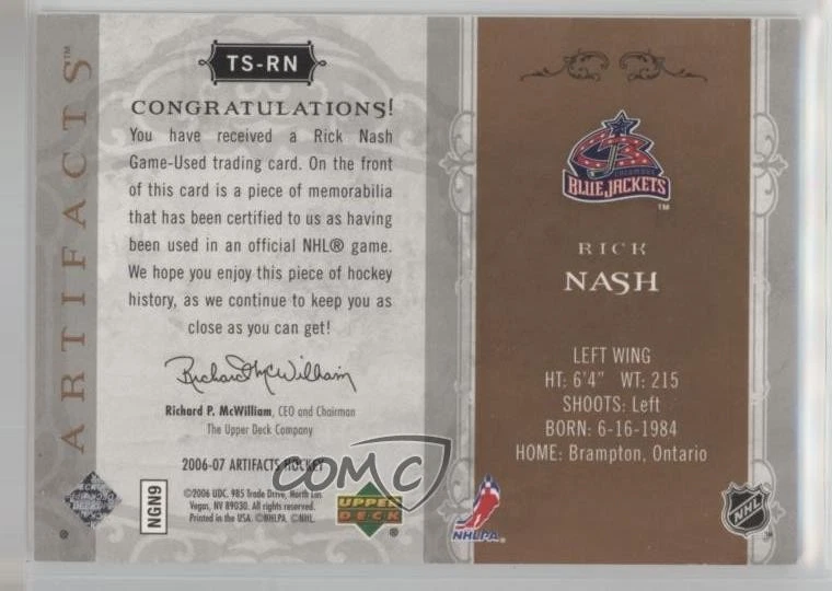 2006-07 Upper Deck Artifacts Treasured Swatches /250 Rick Nash #TS-RN - Image 2 of 2
