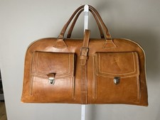 Vintage 70's Tan Leather Duffel Bag Weekend Travel Carry On Luggage Brown Pocket