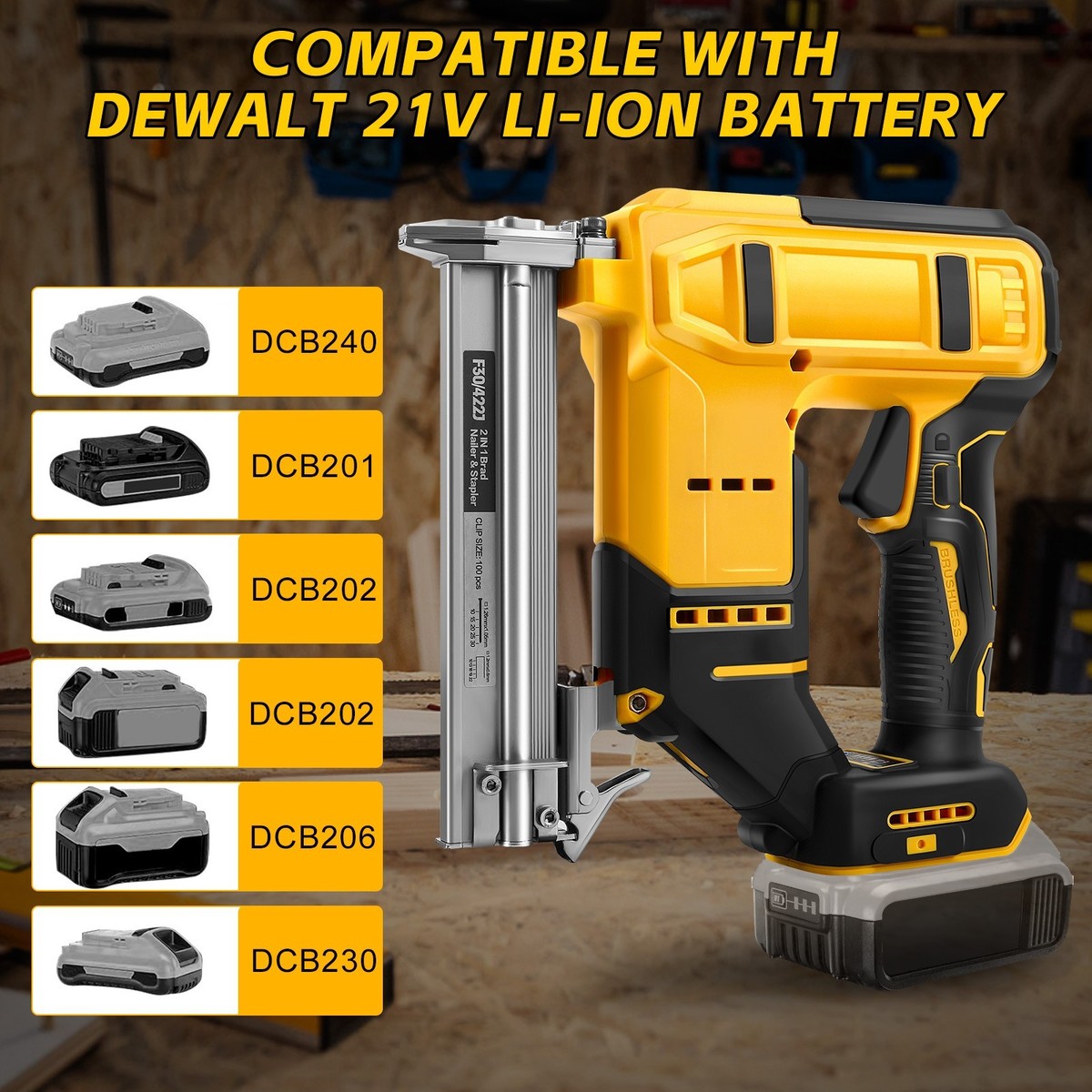 WODHMIEY 18Ga Cordless Brad Nailer/Stapler – 2-in-1 Brushless Electric Gun, Safety Pin, For Dewalt 20V Battery (Battery Not Included)